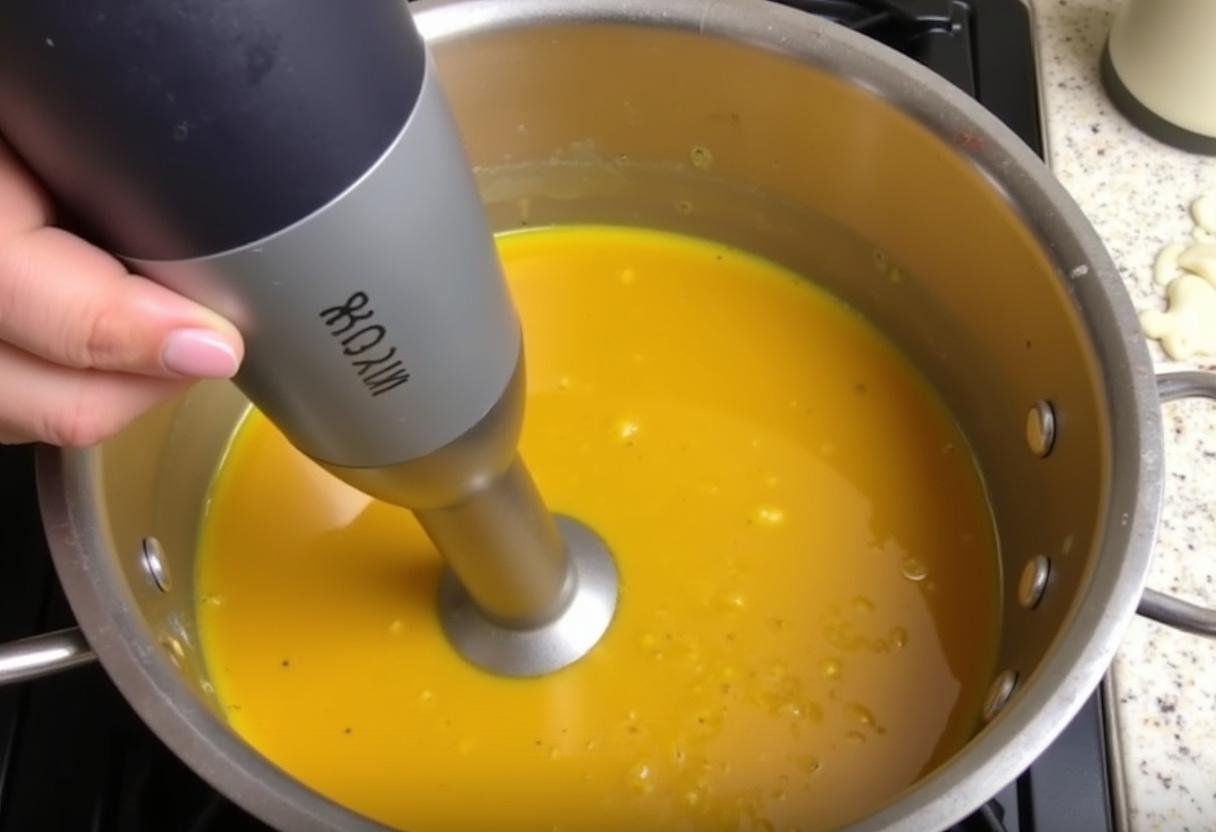 Pureeing butternut squash soup with an immersion blender, creating a creamy consistency.