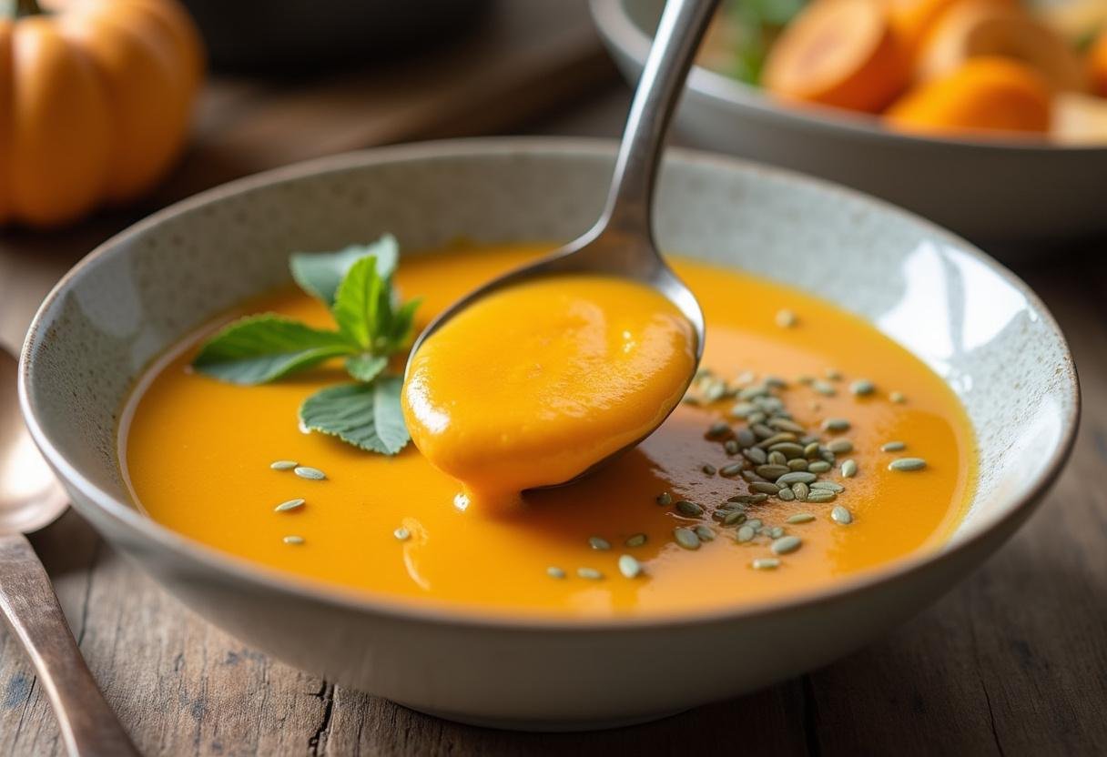 Serving creamy butternut squash soup into a bowl, ready for garnishing.