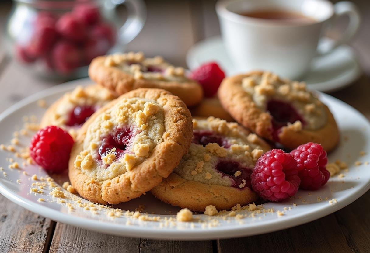 Delicious buttery raspberry crumble cookies presented on a platter, perfect for sharing.