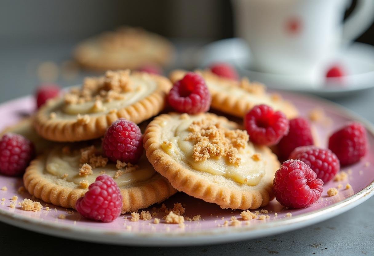 Delicious buttery raspberry crumble cookies presented on a platter, perfect for sharing.