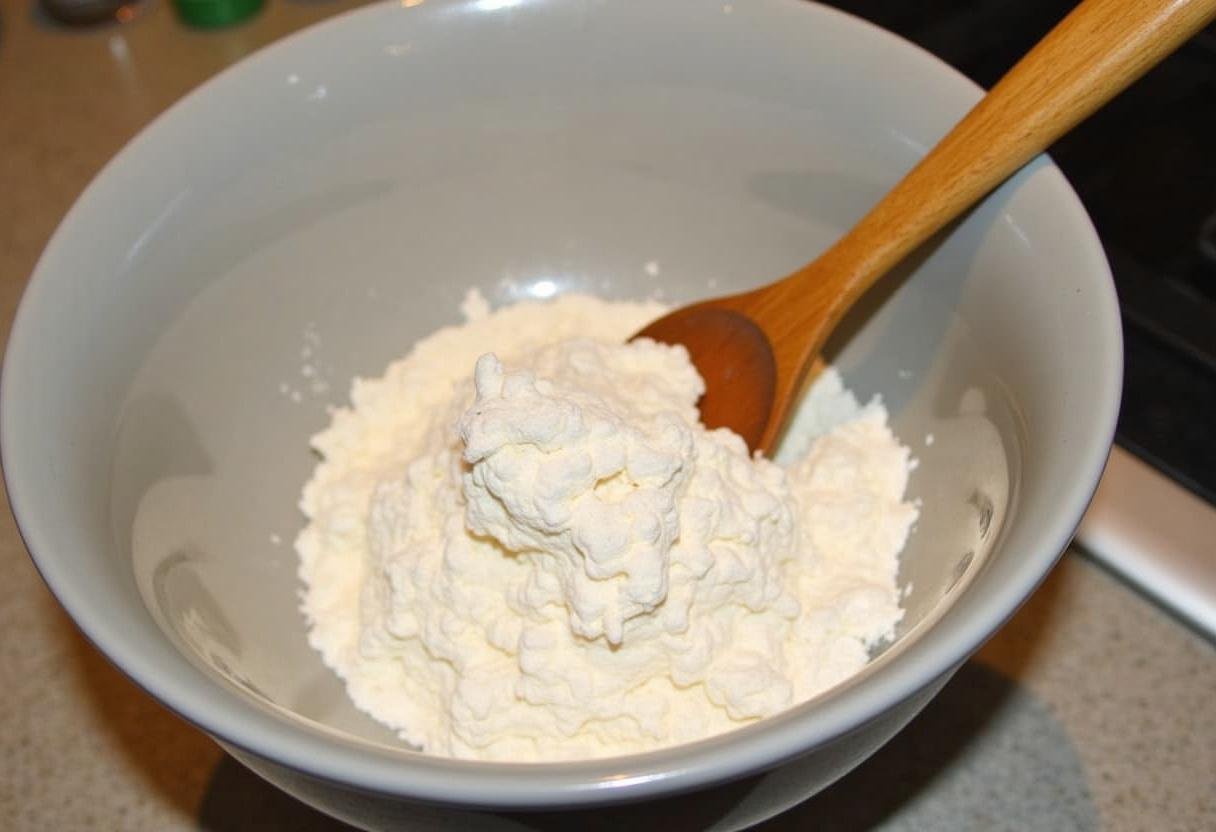 Ingredients for buttery raspberry crumble cookies, including flour and sugar, prepared for mixing.