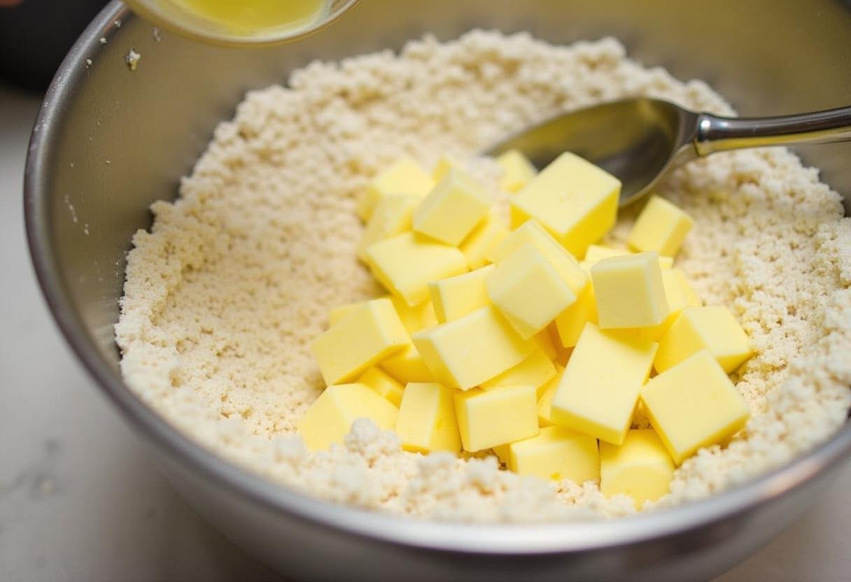 Cubed butter being incorporated into the cookie dough for raspberry crumble cookies preparation.
