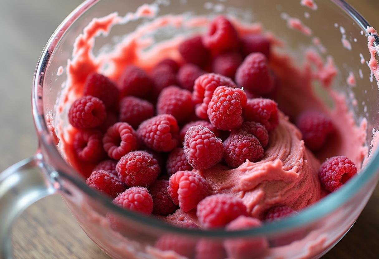 Fresh raspberries folded into cookie dough for making buttery raspberry crumble cookies.