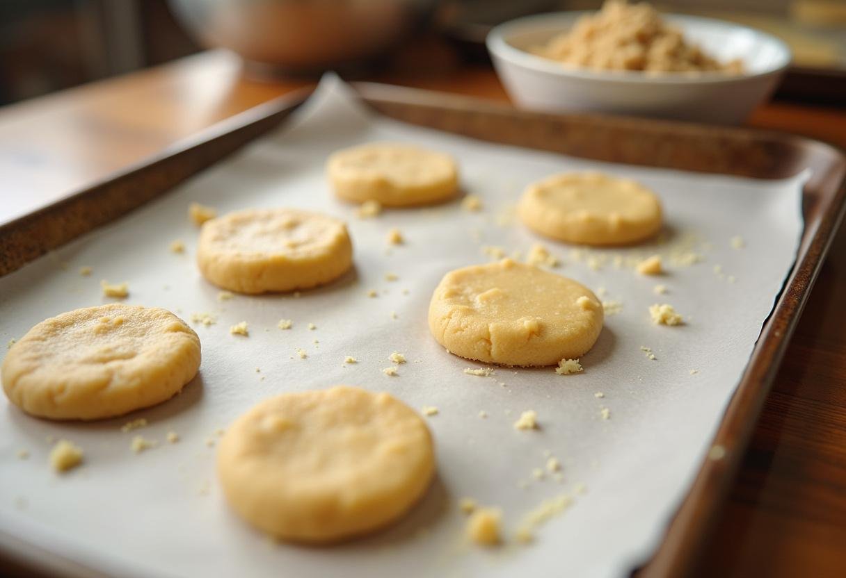 Shaped cookie dough ready to be topped with crumble on a baking sheet for raspberry crumble cookies.