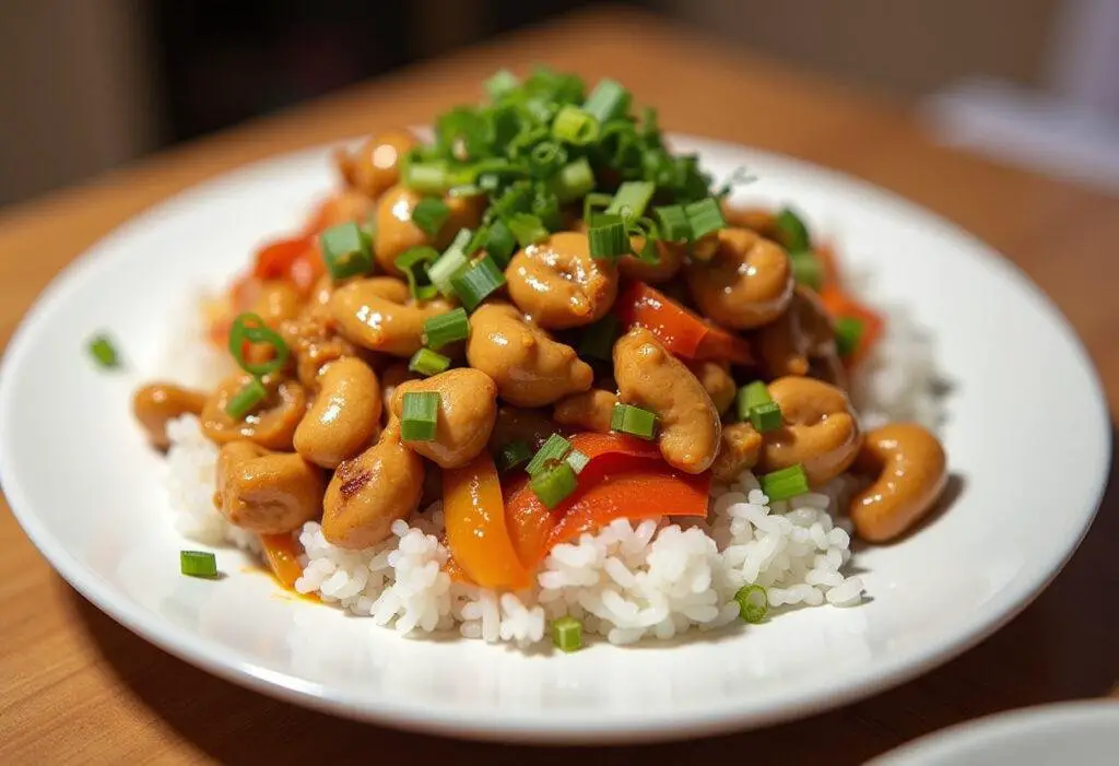 Delicious Cashew Chicken Stir-Fry served over rice, an inviting dish perfect for dinner.
