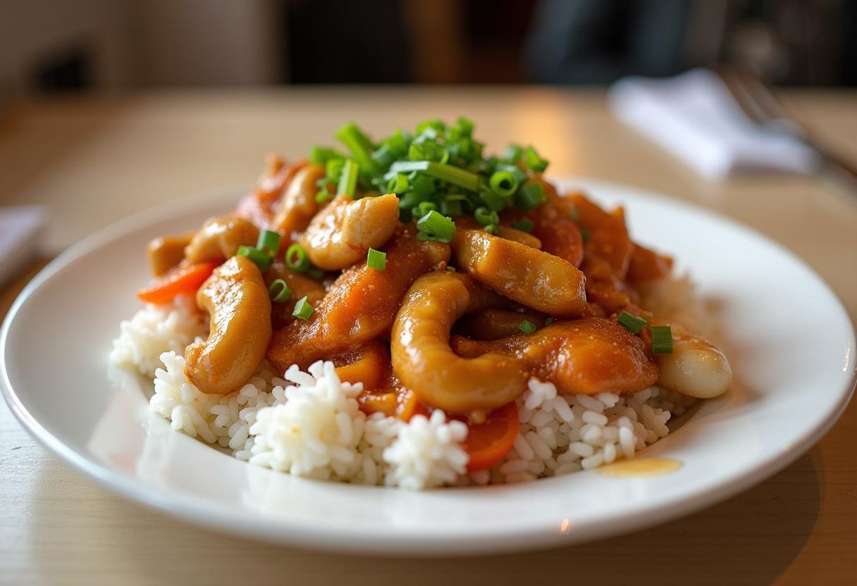 Delicious Cashew Chicken Stir-Fry served over rice, an inviting dish perfect for dinner.