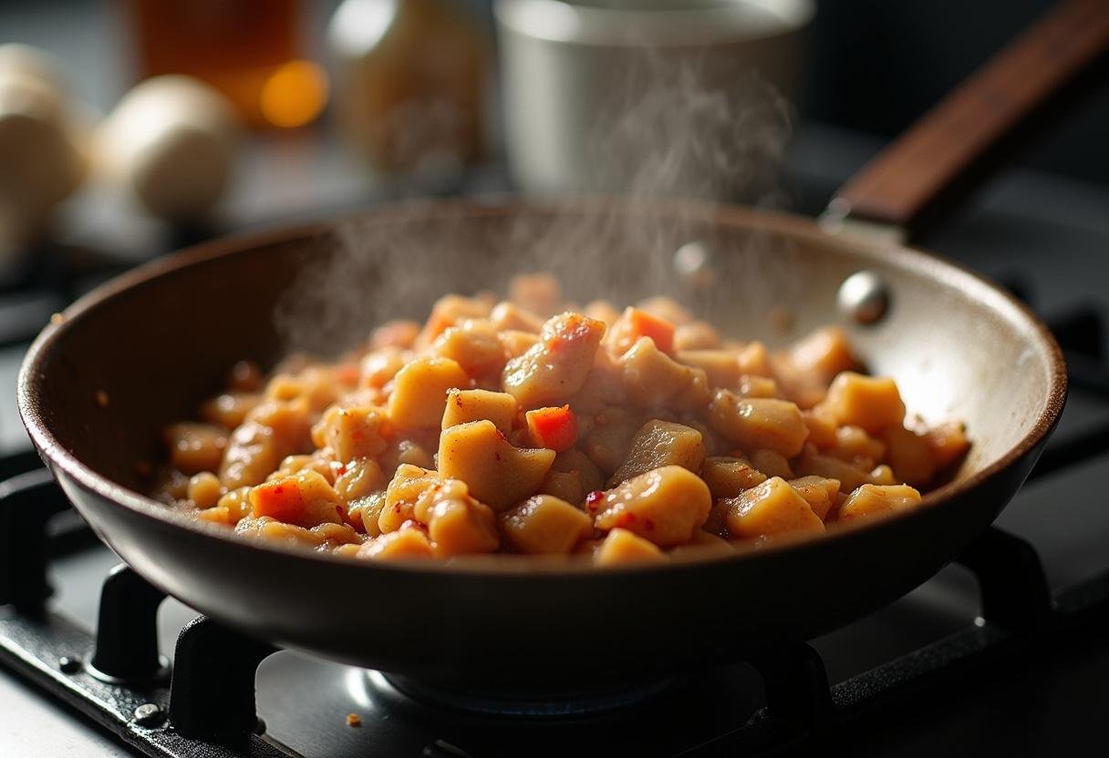 Diced chicken cooking in a pan for Cashew Chicken Stir-Fry, showcasing the stir-frying process.