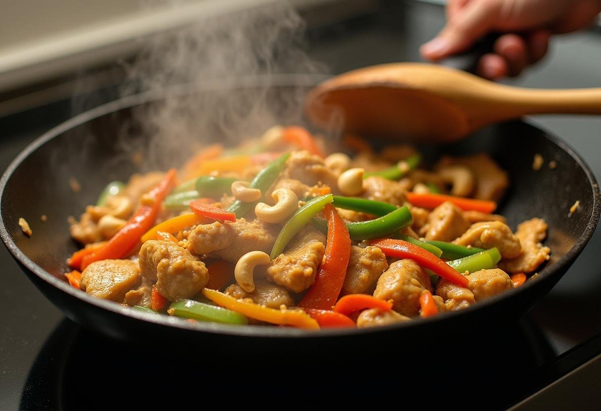 Adding fresh vegetables and cashews to the chicken for Cashew Chicken Stir-Fry, enhancing flavors and texture.