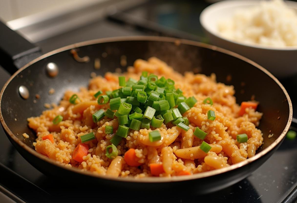 Cashew Chicken Stir-Fry in a wok, ready for serving with rice, highlighting the final cooking stage.