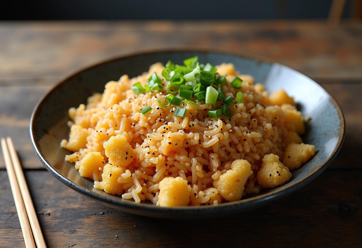 Finished cauliflower rice stir-fry, colorful and ready to serve on a plate, ideal for a healthy meal.