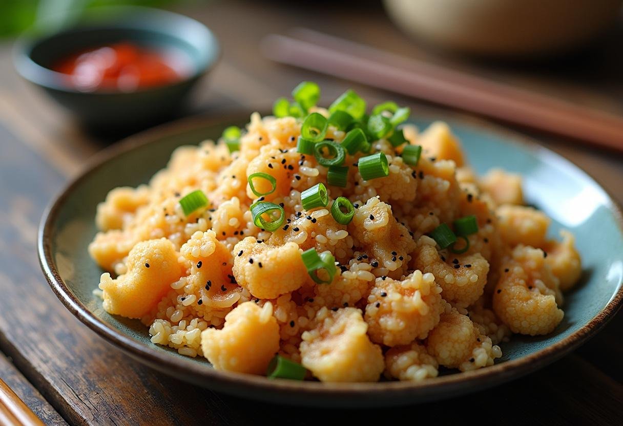 Finished cauliflower rice stir-fry, colorful and ready to serve on a plate, ideal for a healthy meal.