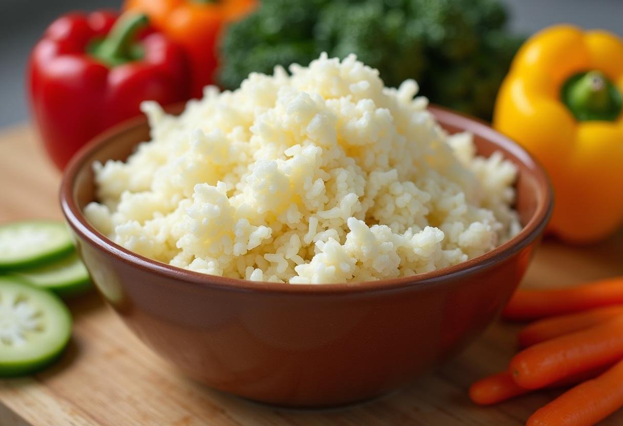 Fresh cauliflower rice and colorful vegetables ready for a stir-fry.
