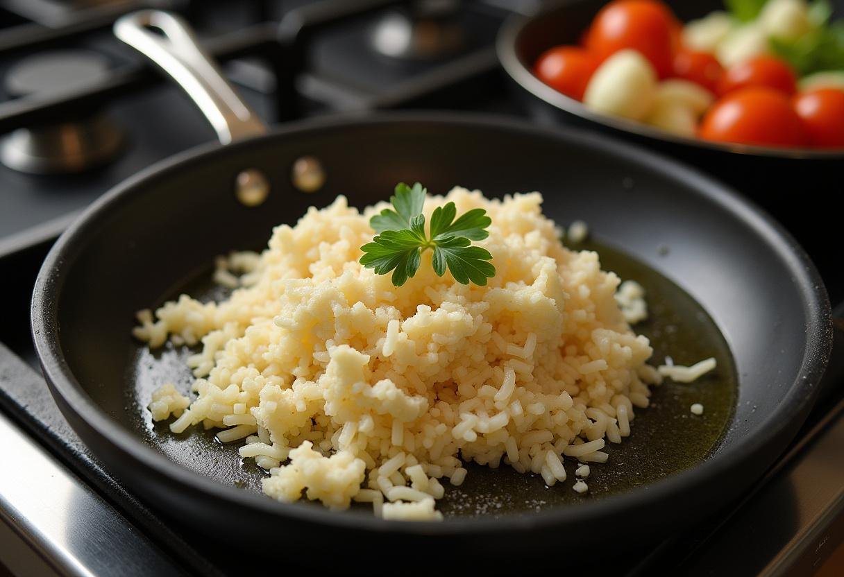Cauliflower rice and vegetables next to a skillet with oil heating for stir-fry.