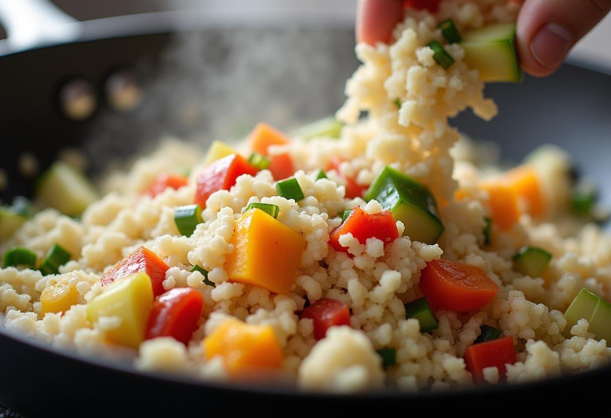 Cauliflower rice and vegetables sizzling in a skillet for a delicious stir-fry.