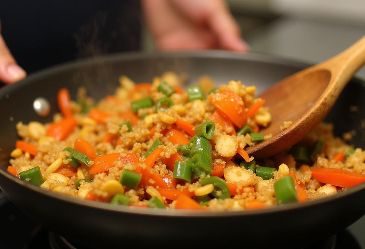 Stir-fried cauliflower rice and vegetables being tossed in a skillet, showcasing vibrant colors.