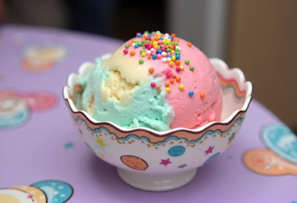 Finished Celestial Cream Cloud Ice Cream with vibrant colors and decorations, ideal for a joyful dessert experience.
