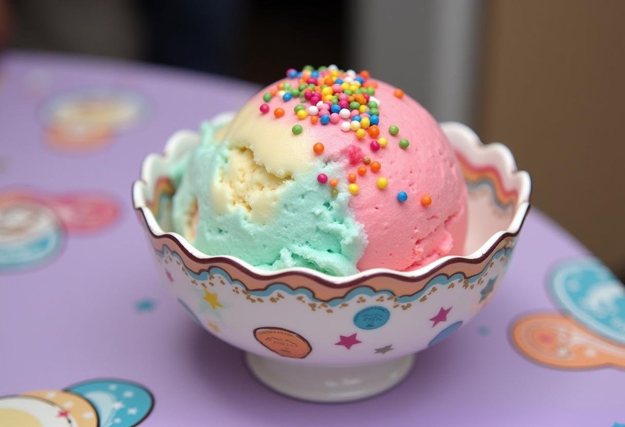 Finished Celestial Cream Cloud Ice Cream with vibrant colors and decorations, ideal for a joyful dessert experience.