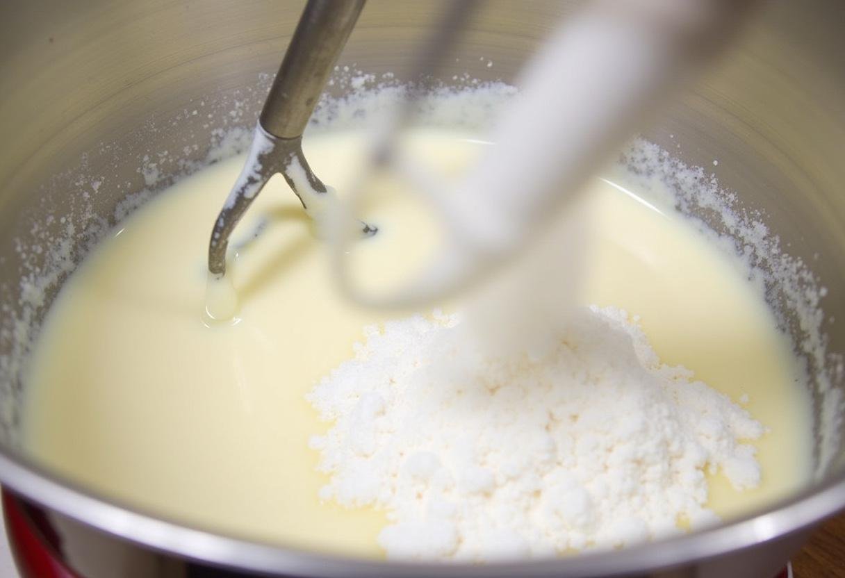 Sifting confectioners' sugar into cream for Celestial Cream Cloud Ice Cream, enhancing the sweetness.