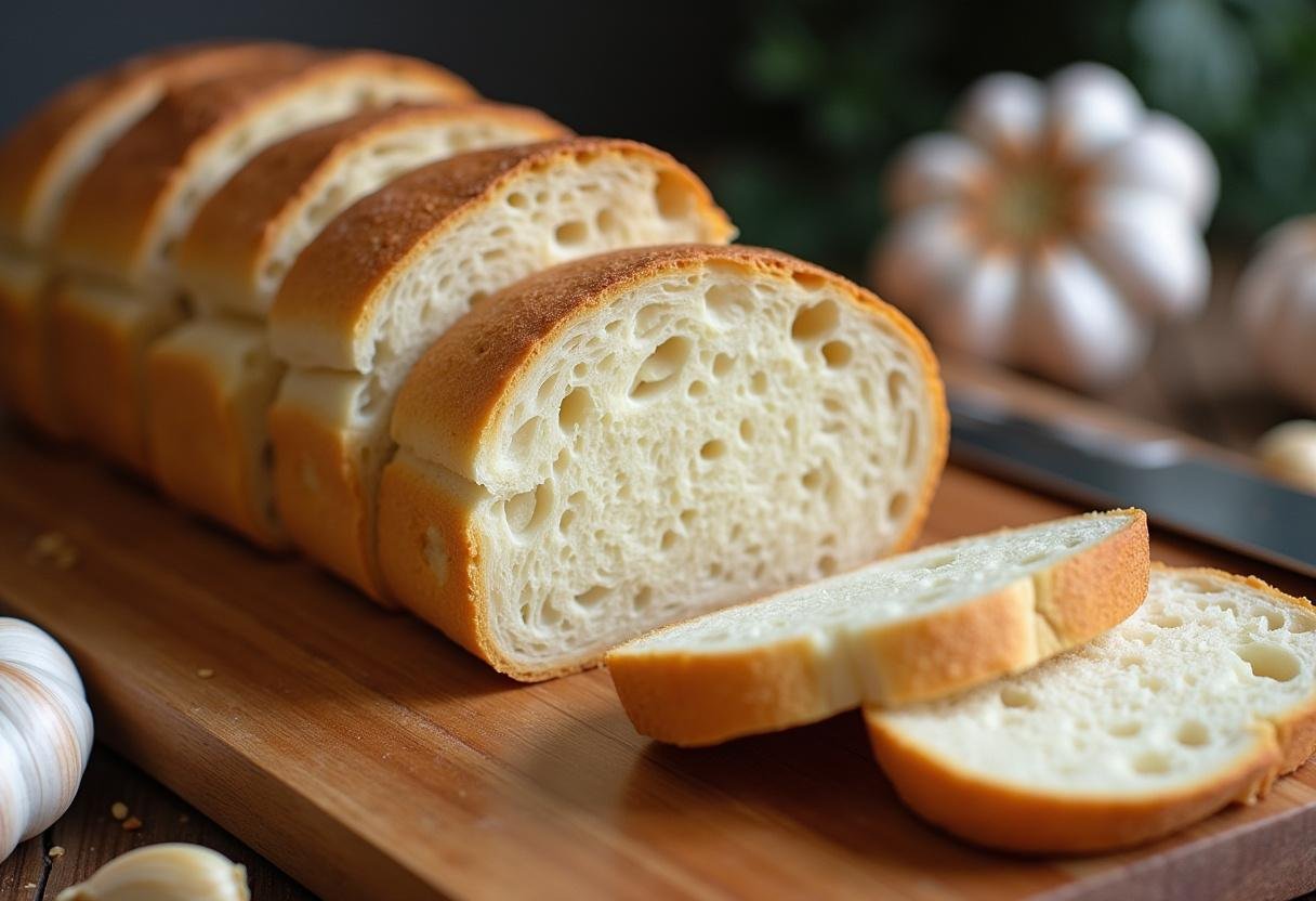 Slicing a loaf of French bread for Cheesy Garlic Bread Extravaganza preparation.