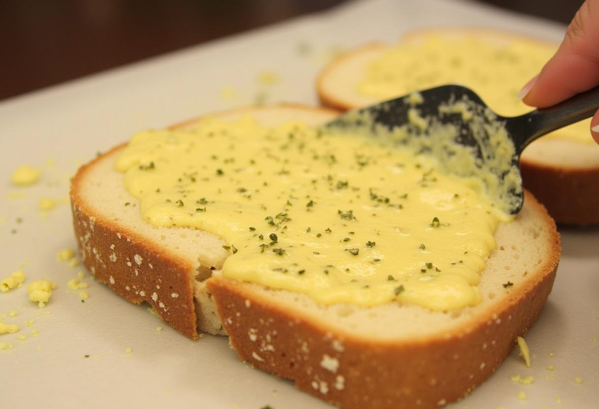 Spreading garlic butter on sliced French bread for Cheesy Garlic Bread Extravaganza.