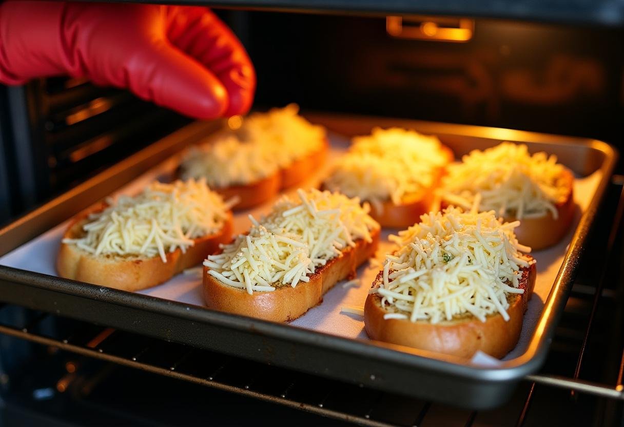 Placing cheesy garlic bread in the oven for baking.