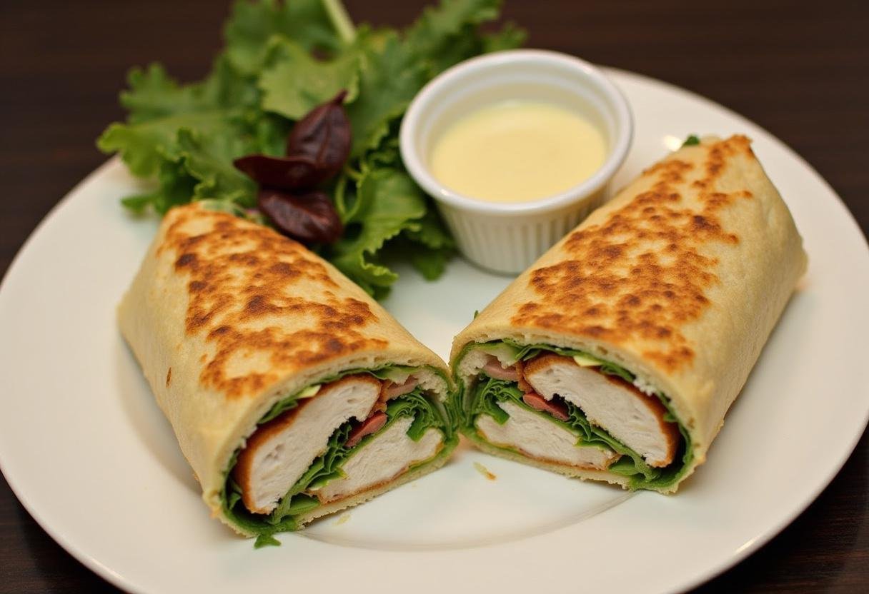 Finished Chicken Caesar Wrap served with mixed greens and Caesar dressing, perfect for a healthy meal.