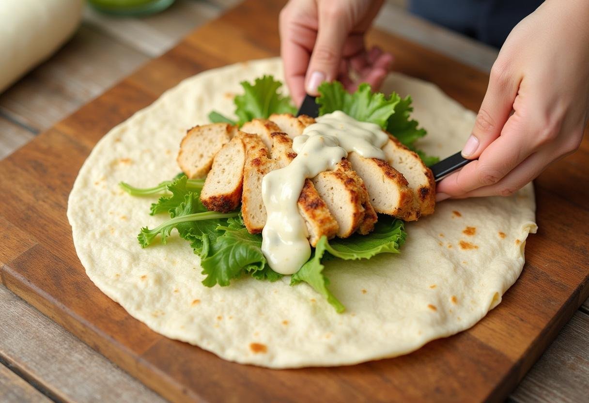 Ingredients being assembled on a wrap for making Chicken Caesar Wrap.