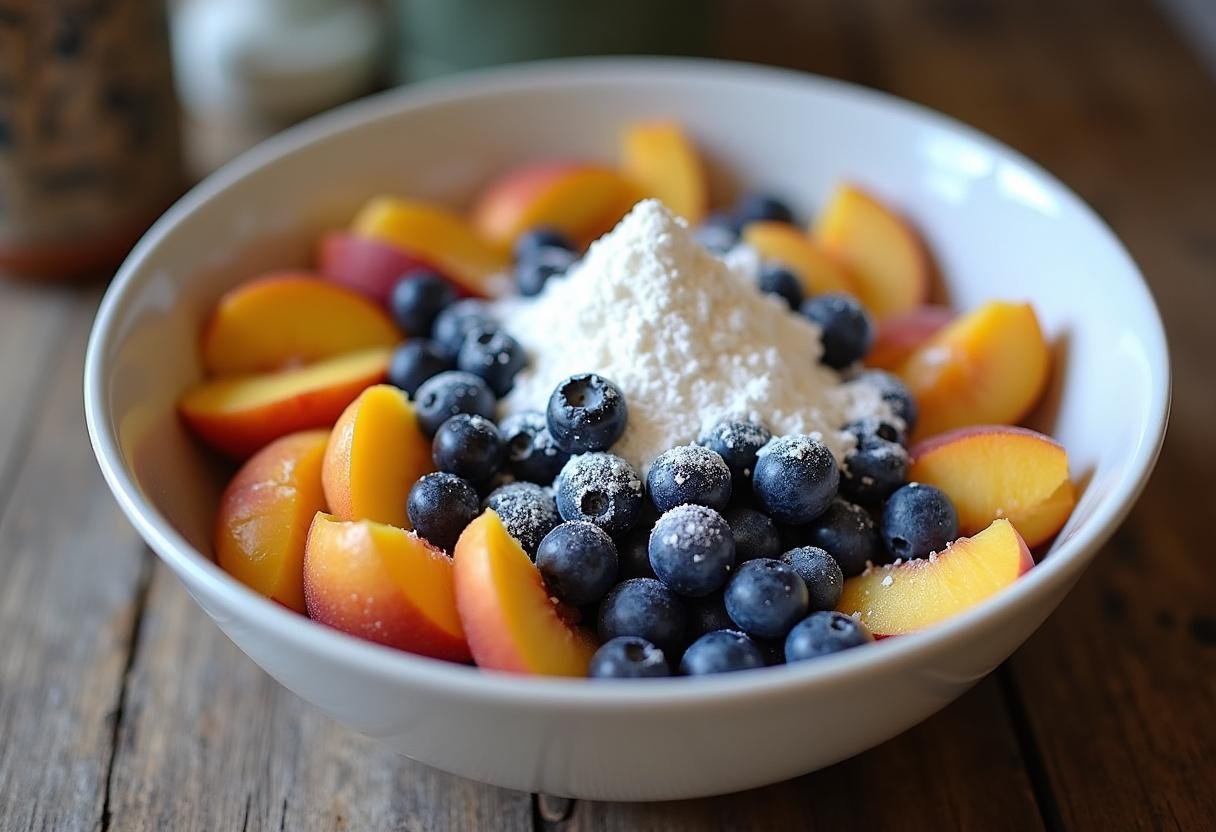 Fresh blueberries and peaches prepared for Classic Cobbler with a Buttery Crust.