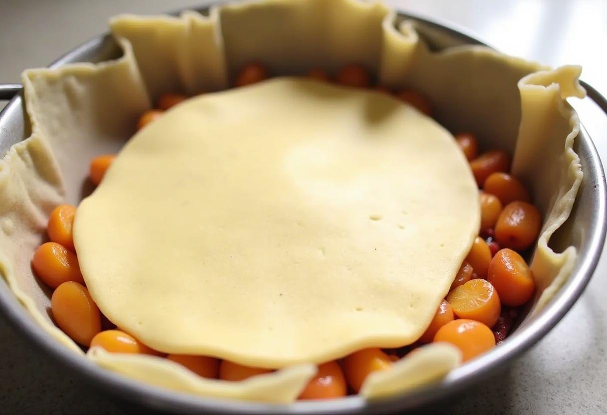 Buttery crust placed over fresh fruit for Classic Cobbler preparation.