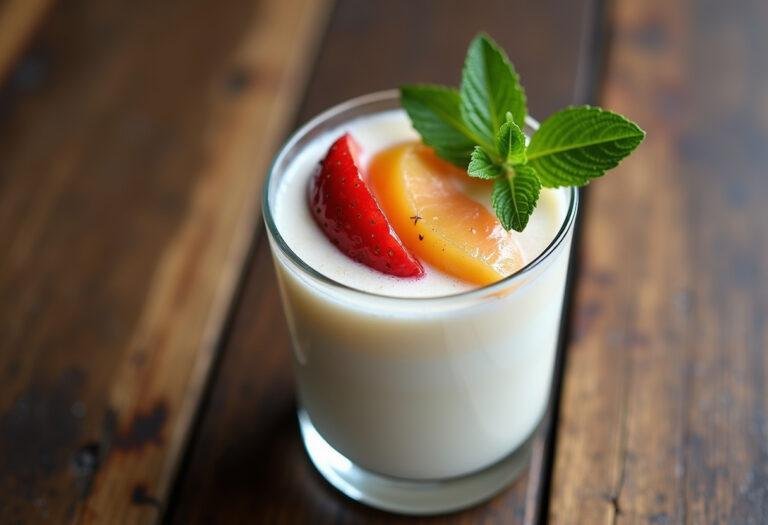 Finished Coconut Milk Smoothie garnished with fresh fruit and mint, ideal for a tropical treat.