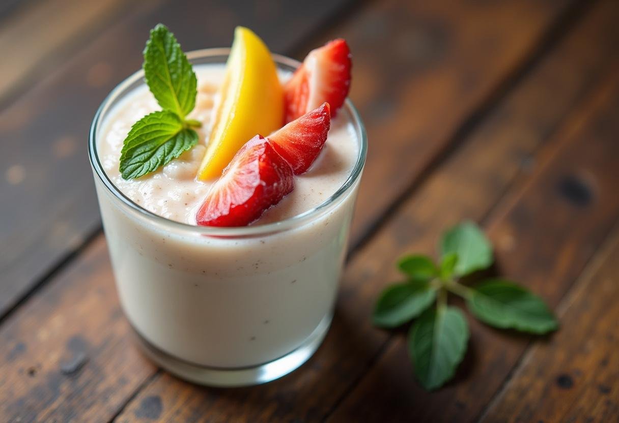 Finished Coconut Milk Smoothie garnished with fresh fruit and mint, ideal for a tropical treat.