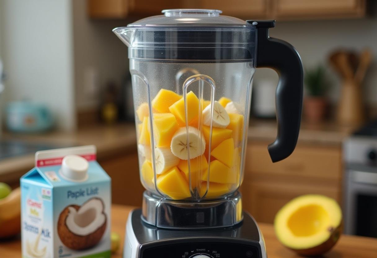 Chopped bananas and mangoes prepared for a Coconut Milk Smoothie.