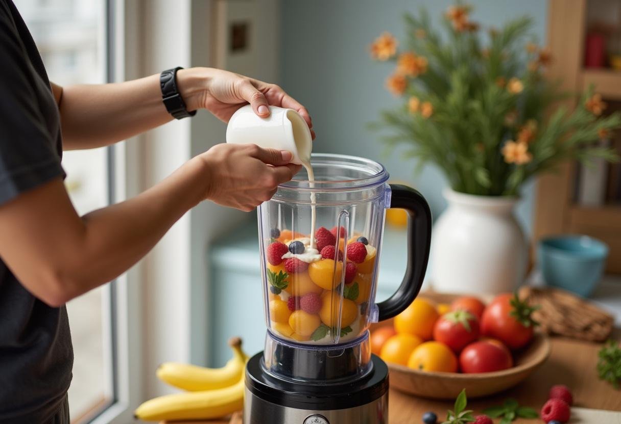 Pouring coconut milk into a blender for a refreshing Coconut Milk Smoothie.