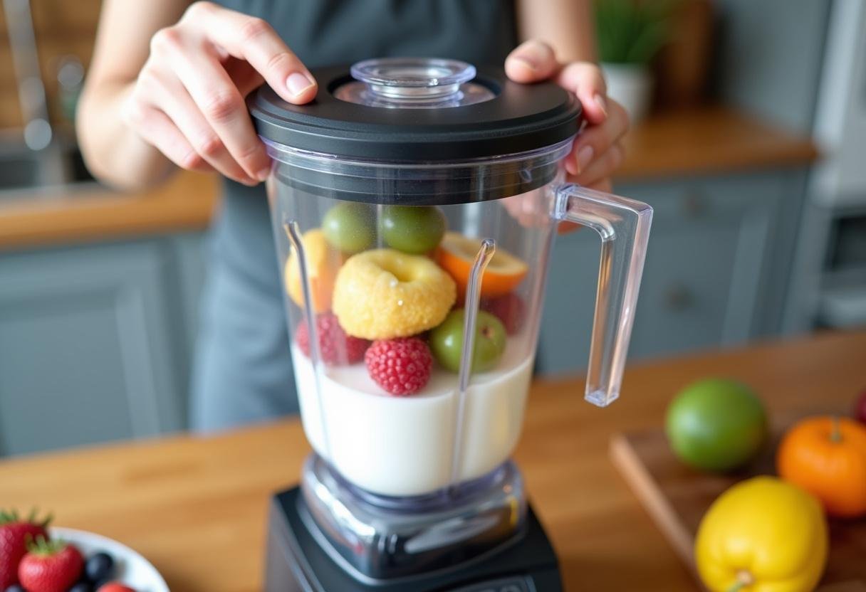 Blender ready for blending ingredients of Coconut Milk Smoothie.