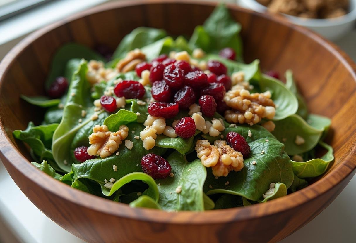 Fresh mixed greens topped with cranberries and walnuts for a Cranberry Walnut Salad.