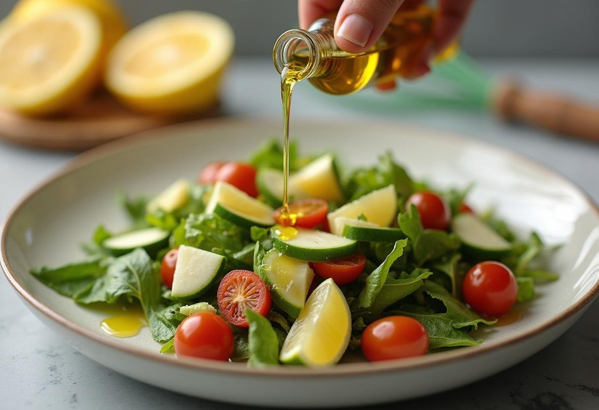 Olive oil being drizzled over Cranberry Walnut Salad ingredients for flavor.
