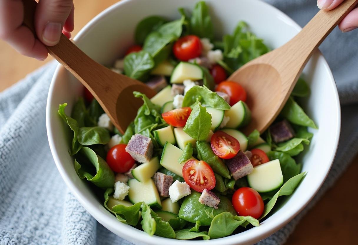 Tossing the ingredients of Cranberry Walnut Salad together for a fresh mix.