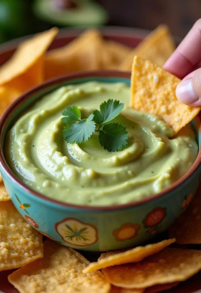 Finished creamy avocado cilantro lime dip served with tortilla chips for a delicious snack.