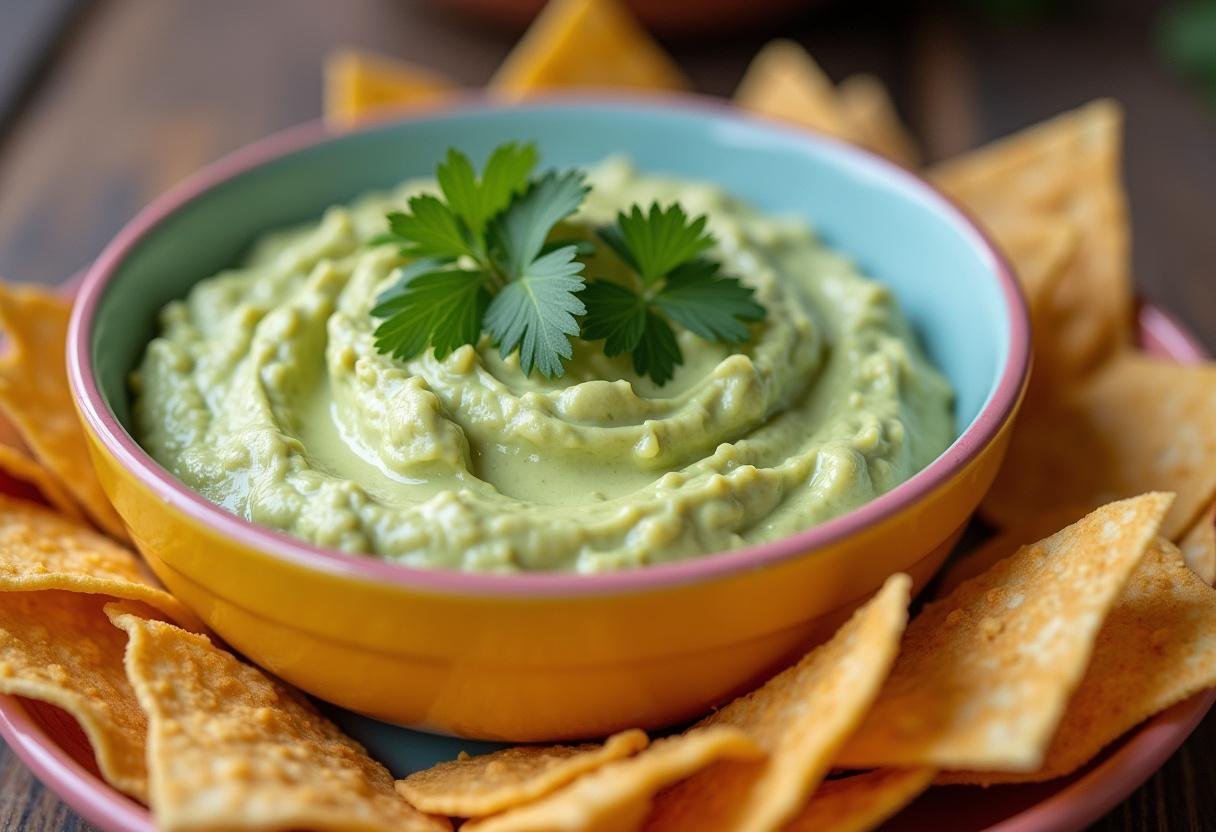 Finished creamy avocado cilantro lime dip served with tortilla chips for a delicious snack.