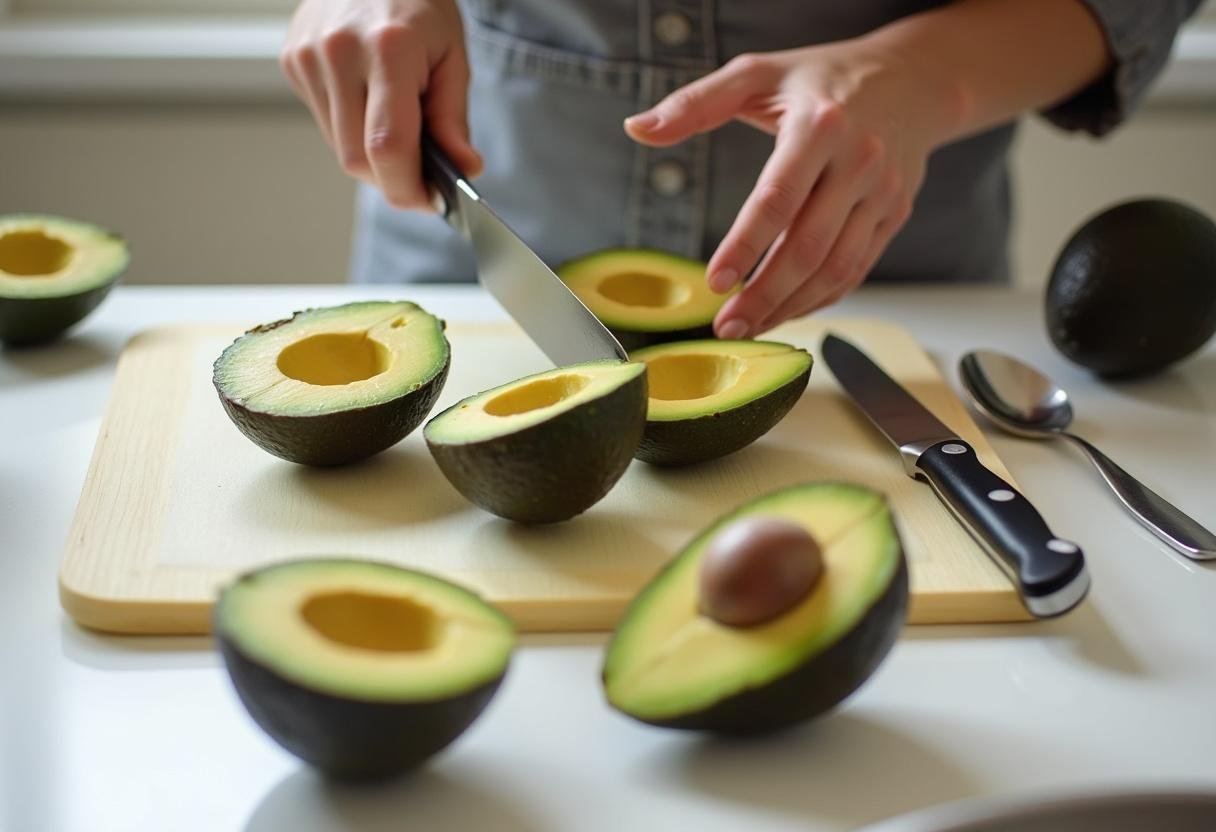 Halving and pitting ripe avocados for creamy avocado cilantro lime dip.