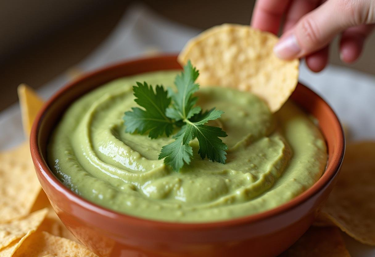 Creamy avocado cilantro lime dip being garnished and served with tortilla chips.