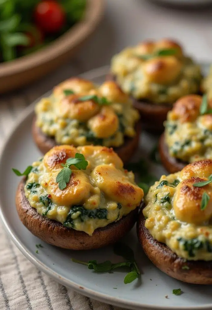 Delicious baked creamy spinach artichoke stuffed mushrooms garnished and ready to serve.