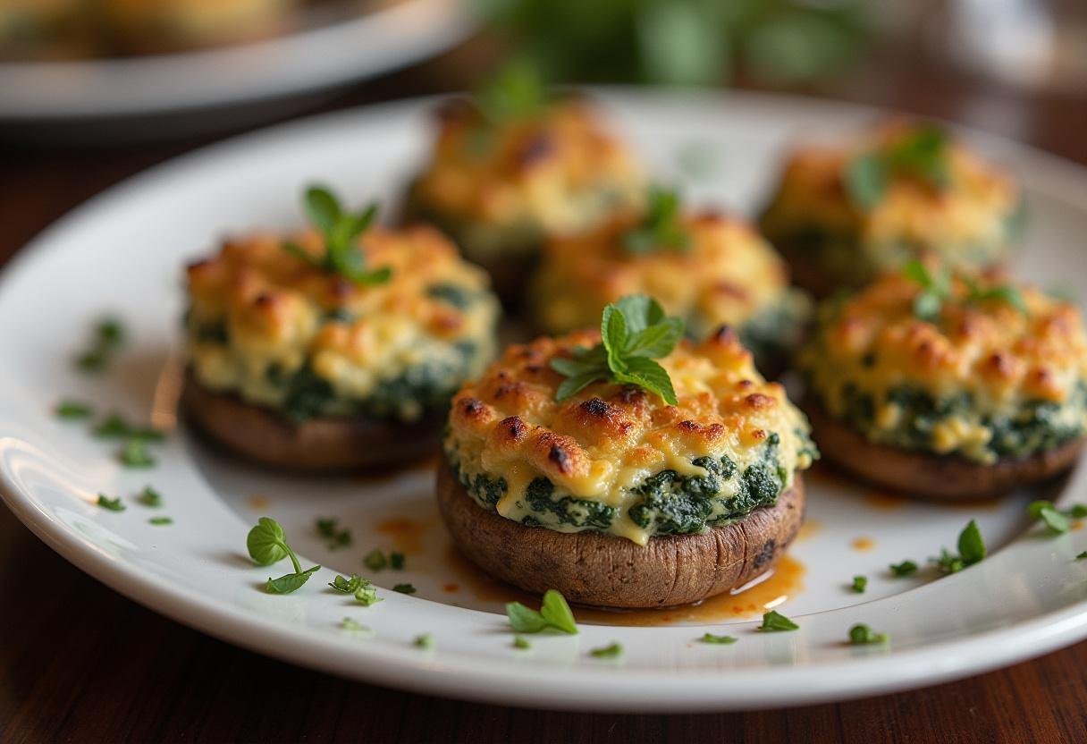 Delicious baked creamy spinach artichoke stuffed mushrooms garnished and ready to serve.
