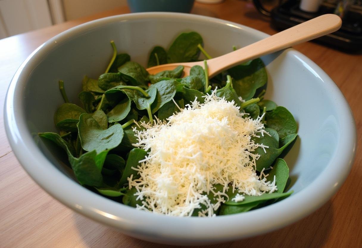 Mixing spinach and artichokes with cream cheese for creamy stuffed mushrooms.