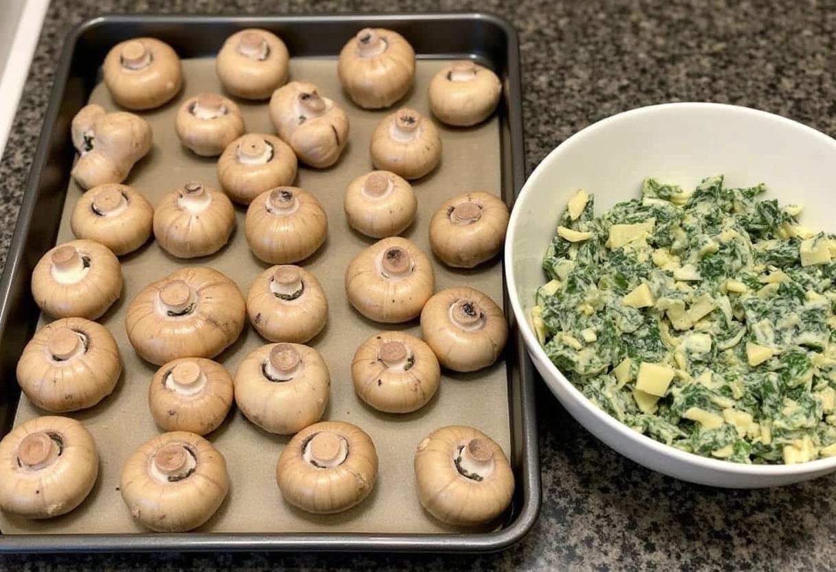 Preparing mushroom caps for filling with creamy spinach and artichoke mixture.
