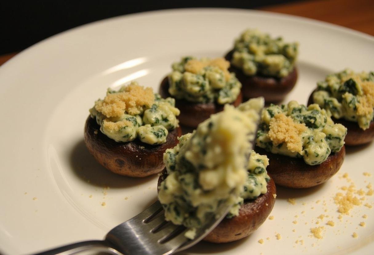 Filling mushroom caps with creamy spinach artichoke filling for stuffed mushrooms.