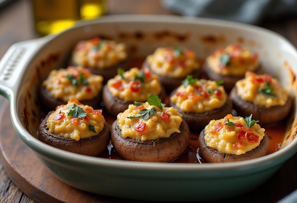 Stuffed mushrooms prepared in a baking dish before baking in the oven.