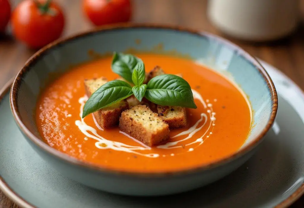 Delicious creamy tomato basil soup served with fresh basil and croutons, perfect for a cozy meal.