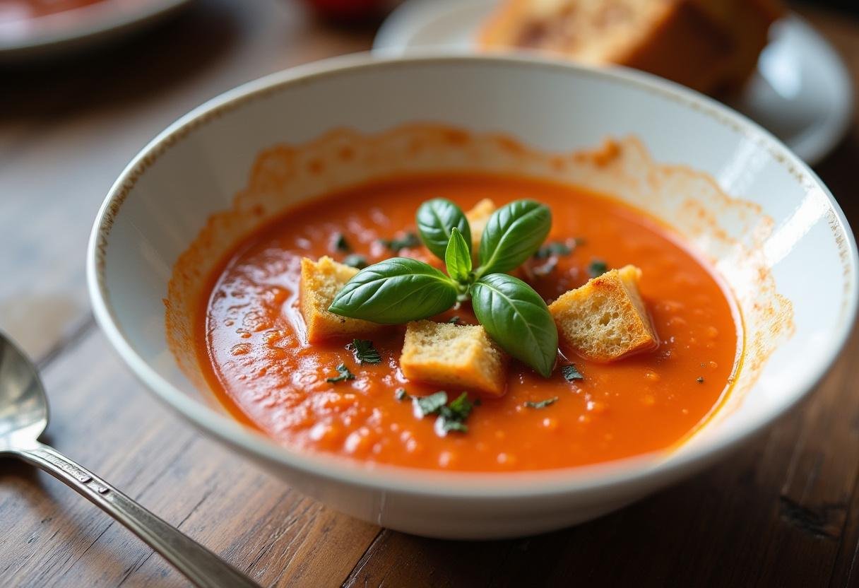Delicious creamy tomato basil soup served with fresh basil and croutons, perfect for a cozy meal.