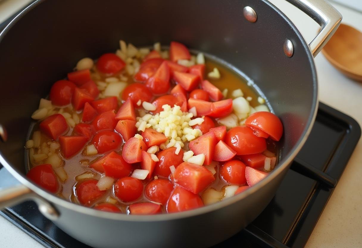 Simmering tomatoes, onions, and garlic for a creamy tomato basil soup preparation.